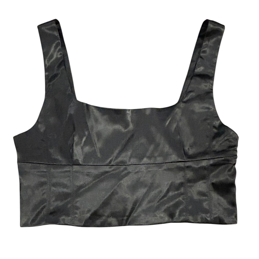 Mustard Seed Black Satin Square Neck Crop Top Side Zip Sleeveless Tank Small